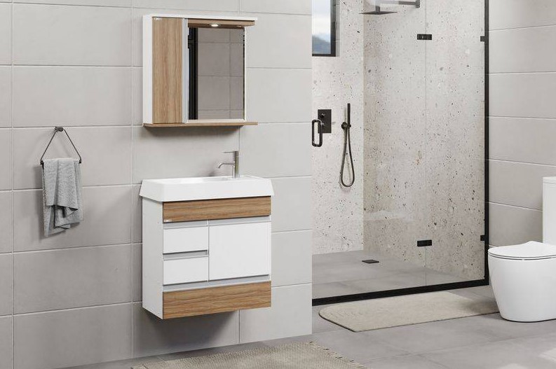 RORATO - KIT N�POLE SUSPENSO 59,5CM 2 GAVETAS C/ PIA E ESPELHO NOGAL SEVILHA